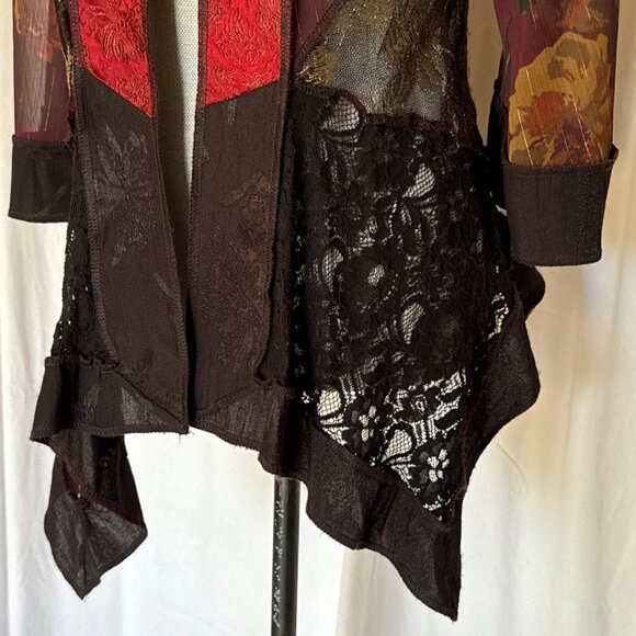 Vtg Studio VK Floral Kimono Cardigan Jacket Top Embroidered blk burg gold PL - Picture 2 of 9